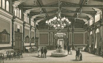 Wnętrze sali zebrań II Domu Zdrojowego, litografia z ok. 1890 r. źródło: KG